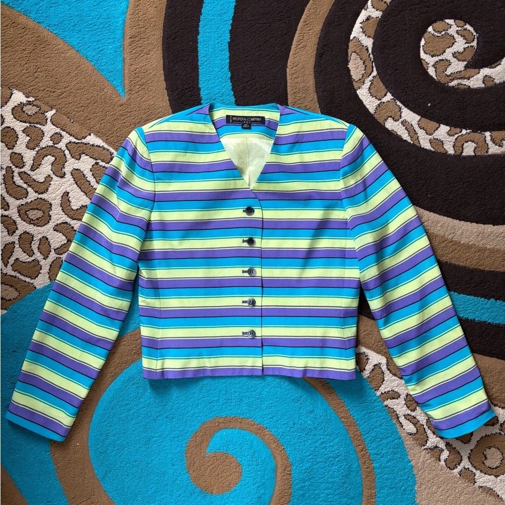 Kasper & Company Petite Striped V-Neck Button-Up Shacket Top